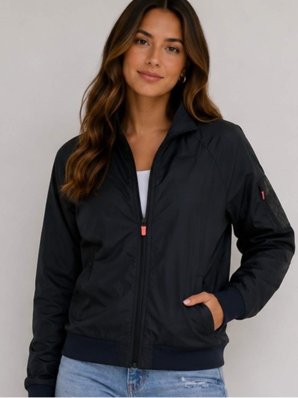 Nike Running Athletic Zip Up Bomber Jacket Black Sz Large Dri Fit Lightweight